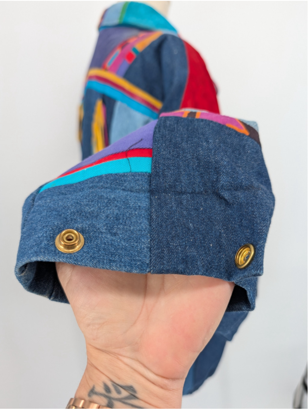 Vtg 90s Santa Fe Re-Creations L Mixed-Media Denim Suede Fringe Patchwork Jacket - Picture 9 of 16